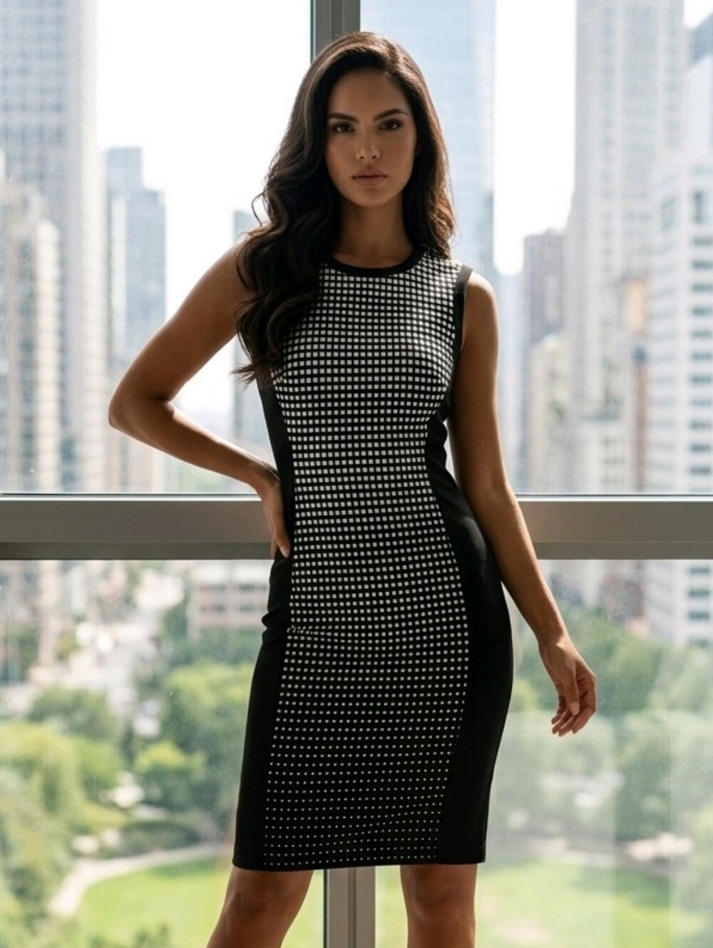 White House Black Market Dress 6 Black White Ombre Grid Sheath Stretch Work Chic